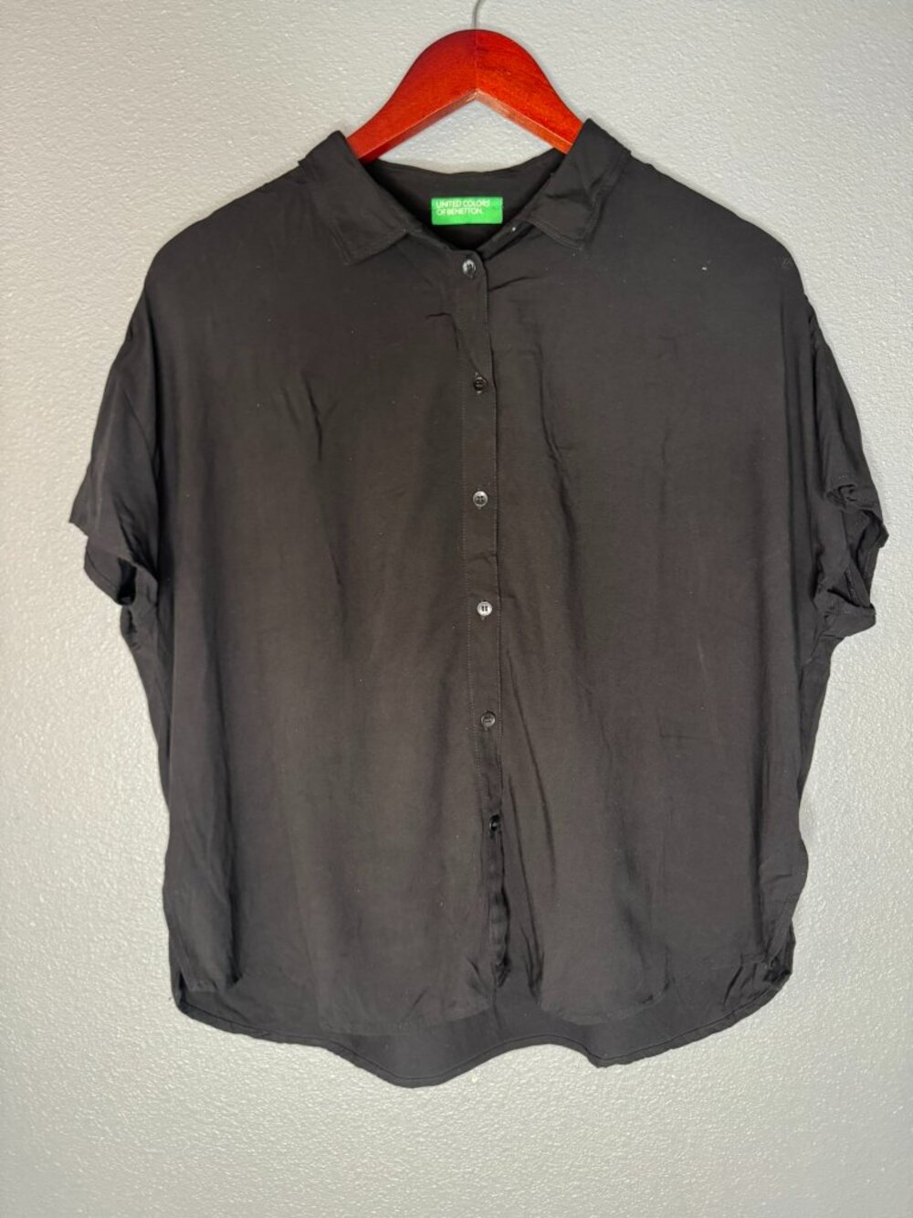 United Colors of Benetton Black Viscose Button Up Shirt Oversized Boxy Blouse